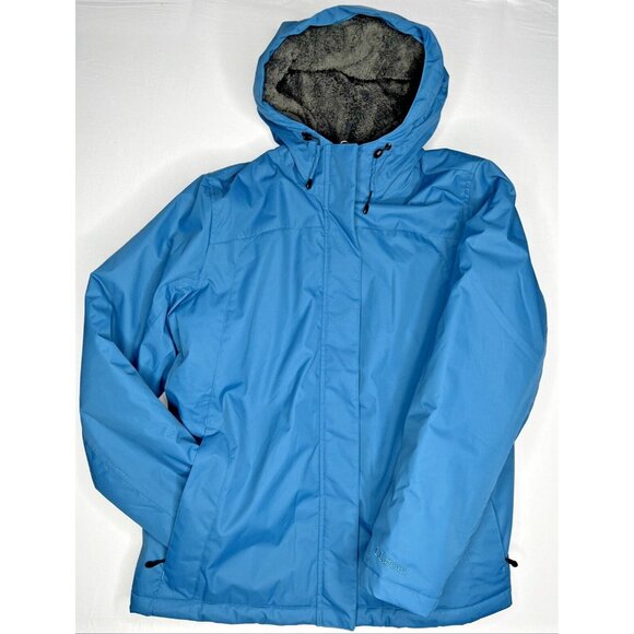 LL Bean Winter Warmer Jacket Women 1X REG Blue Fleece Lined Hood Zip Pocket Snap - Picture 1 of 14